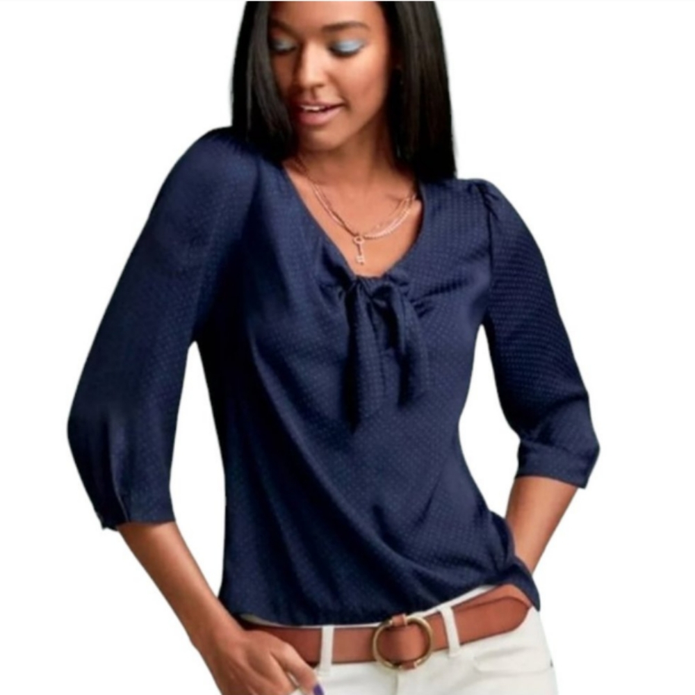 Cabi style #5525 navy swiss dot 3/4 sleeve tie front top